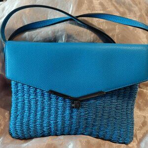 NWOT Botkier Valentina Blue Straw and Leather Envelope Handbag